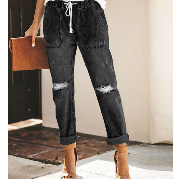 Women's Ripped Drawstring Elastic Waist Denim Pants