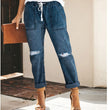 Women's Ripped Drawstring Elastic Waist Denim Pants