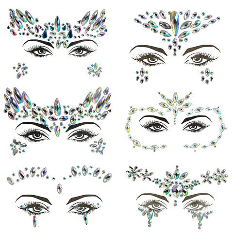 6 Pcs Gemstone Face Stickers for Music Festival Holiday Party Rhinestone Face decal