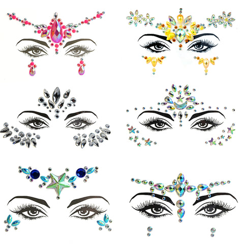 6 Pcs Gemstone Face Stickers for Music Festival Holiday Party Rhinestone Face decal