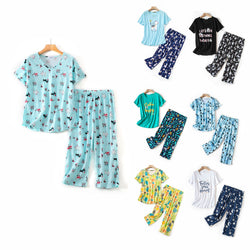 Summer Round Neck Suit Pajamas Short Sleeve Long Pants Pajamas Set