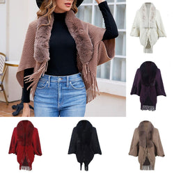 Women Warm Faux Fur Winter Tassels Poncho Cloak Shawl