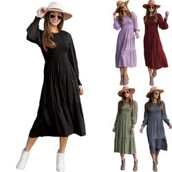 Women Crew Neck High Waist Pleated Elastic Cuff Long Sleeves Dress