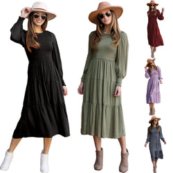 Women Crew Neck High Waist Pleated Elastic Cuff Long Sleeves Dress