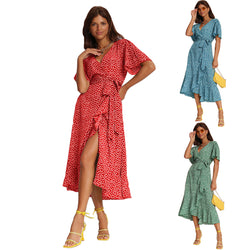 Women's Sexy V Neck Short Sleeve Split Floral Print Boho Maxi Dress