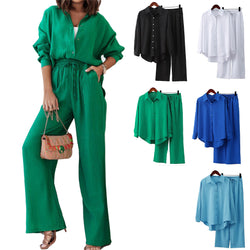 Women Casual Loose Blouse Top Elastic Waist Long Pants Set