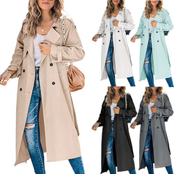 Women Solid Color Lapel Double Breasted Windbreaker Over Knee Long Trench Coat