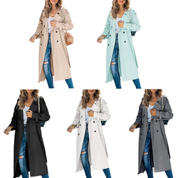 Women Solid Color Lapel Double Breasted Windbreaker Over Knee Long Trench Coat