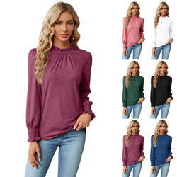 Long Sleeve Blouses Women Frill Mock Neck Shirt