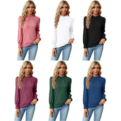 Long Sleeve Blouses Women Frill Mock Neck Shirt