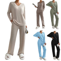 Women Winter Long Sleeve V-neck  Pajamas Suit 2 Piece Sets