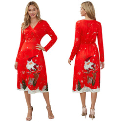 Women V-neck Printing Christmas Dress Party Dress