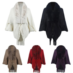 Women Warm Faux Fur Winter Tassels Poncho Cloak Shawl