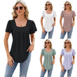 Women Spring Summer Square Neck Short Sleeve Shirt