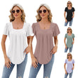 Women Spring Summer Square Neck Short Sleeve Shirt