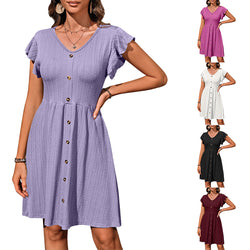 Women Ruffle Trim V-neck Smock Dress with Button