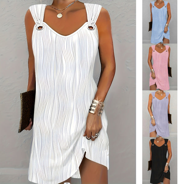 Women Sleeveless Wavy Stripe Solid Color Dress