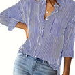 Womens Button Down Striped Classic Long Sleeve Collared  Blouse