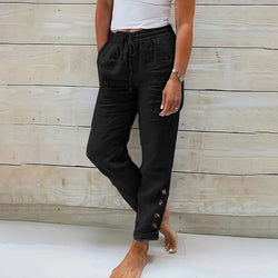 Women Cotton Elastic Waist Solid Color Trousers