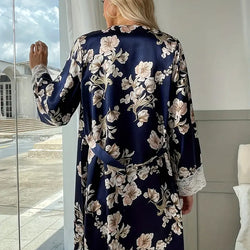 Women 3pcs Pajamas Set Lace Long Sleeve Kimono Robe Lace Bra Floral Shorts