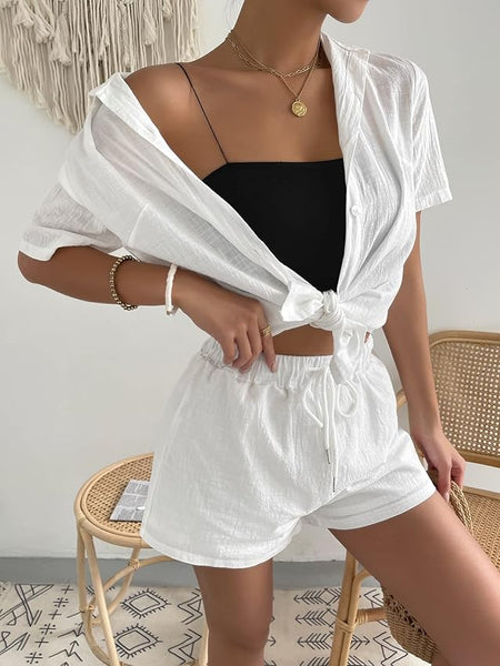 Women's 2 Piece Outfit Short Sleeve Shirt and Shorts Set