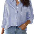 Womens Button Down Striped Classic Long Sleeve Collared  Blouse