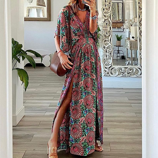 Women V-Neck Short Sleeves Printed Maxi Dress