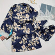 Women 3pcs Pajamas Set Lace Long Sleeve Kimono Robe Lace Bra Floral Shorts