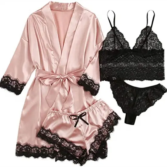 4PCS Women s Satin Pajamas Nightdress Lingerie Robes Underwear Sleepwe majexic