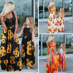 Mommy Daughter Spaghetti Strap Sleeveless Sunflower Printed Matching Dress