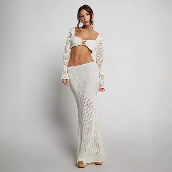 Women's Hollow Crochet Knit 2 Piece Skirt Set