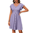 Women Ruffle Trim V-neck Smock Dress with Button