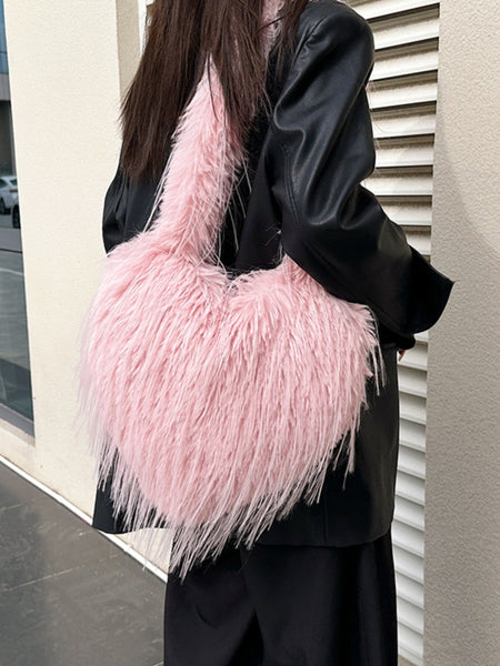 Plush Shoulder Bag Heart Shaped Purse Faux Fur Crossbody Bag