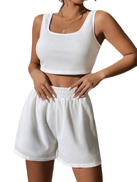 Womens 2 Piece Outfits Sleeveless Square Neck Crop Top Tank High Waisted Shorts  Lounge Set
