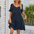 Women Summer V-Neck Solid Color Ruffle Short Sleeve Mini Dress with Pocket