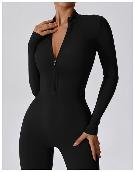 Women Sexy Bodycon Workout Solid Long Sleeve Zipper Jumpsuit