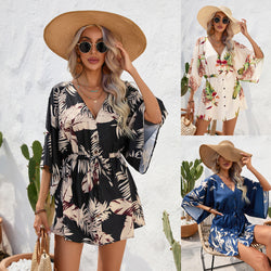 Women V-neck Printing Bat Swing Sleeves Mini Dress