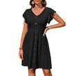 Women Ruffle Trim V-neck Smock Dress with Button