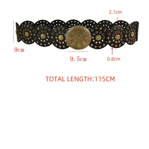 Women PU Leather Hollow Out Round Wide Disc Belt