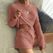 Womens Waffle Knit Pajama Sets Long Sleeve Top and Shorts Matching Loungewear