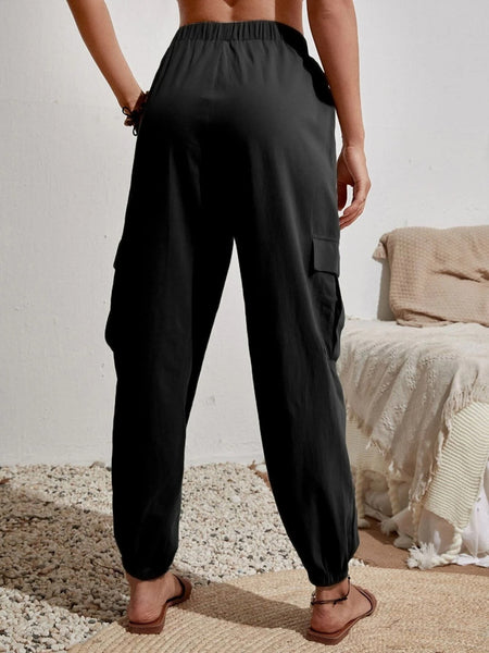 Womens Solid Drawstring Elastic Waist Pants with Pockets