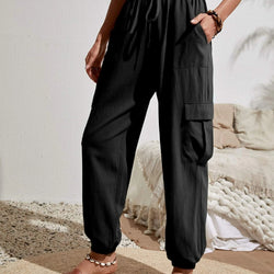 Womens Solid Drawstring Elastic Waist Pants with Pockets