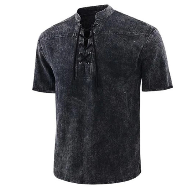 Men's  Casual Retro Solid Short Sleeve Lace Up V Neck T-shirt