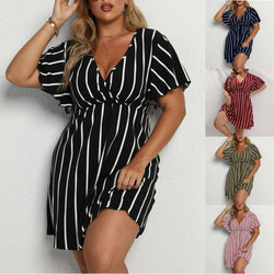 Women Stripe Plus Size V-Neck Short Sleeves A-line Dress