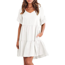 Women Summer V-Neck Solid Color Ruffle Short Sleeve Mini Dress with Pocket