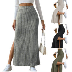 Women Solid Ribbed Knit Bodycon High Split Skirt