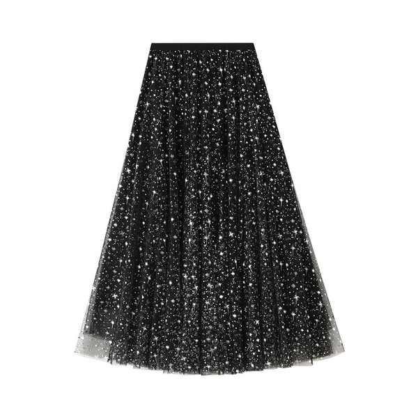 Women Sparkling Star Swing Sequin Tulle Long Skirt