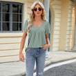 Women Spring Summer Square Neck Short Sleeve Shirt