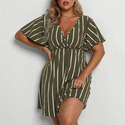 Women Stripe Plus Size V-Neck Short Sleeves A-line Dress