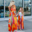Mommy Daughter Spaghetti Strap Sleeveless Sunflower Printed Matching Dress